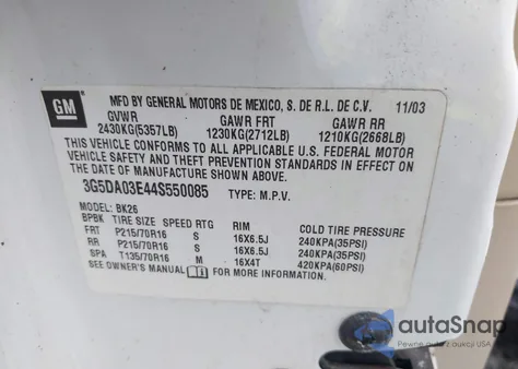 2004 Buick Rendezvous Cx z USA, uszkodzony, nr VIN 3G5DA03E44S550085